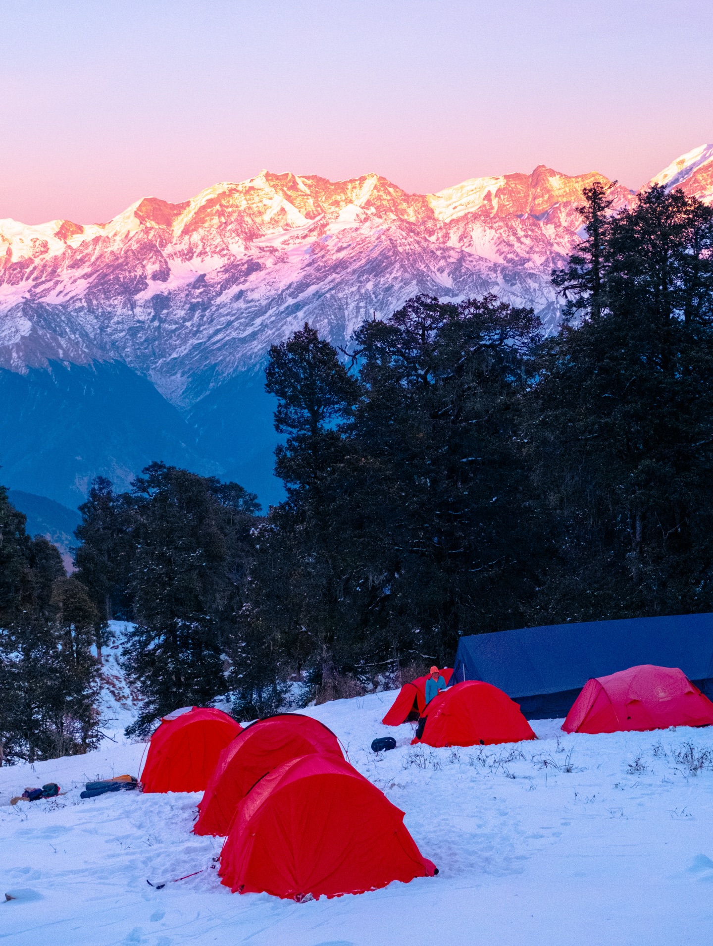 Alpenglow on the peaks above the campsite