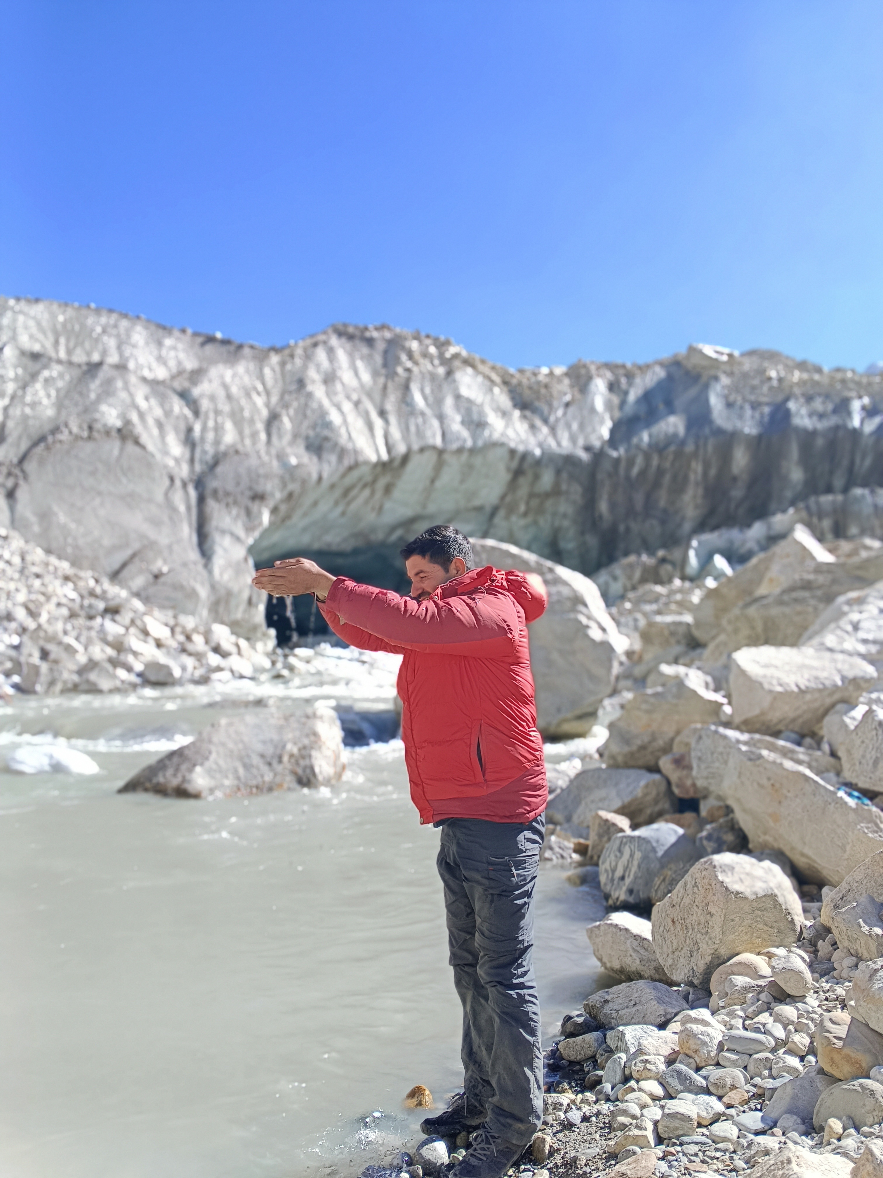Offering Bhagirathi water at the glacier mouth