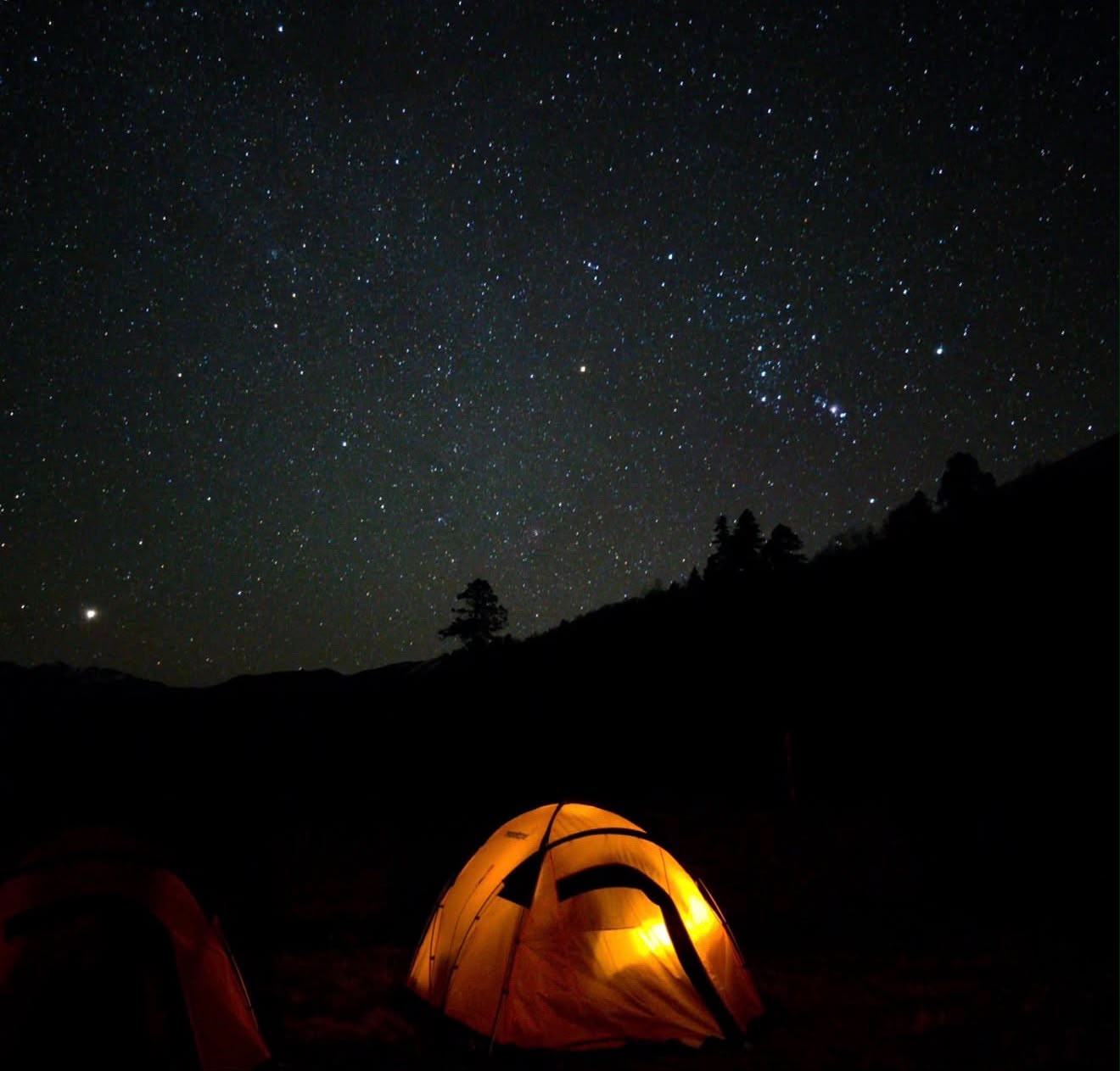 A lit tent under a sky full of stars at camp